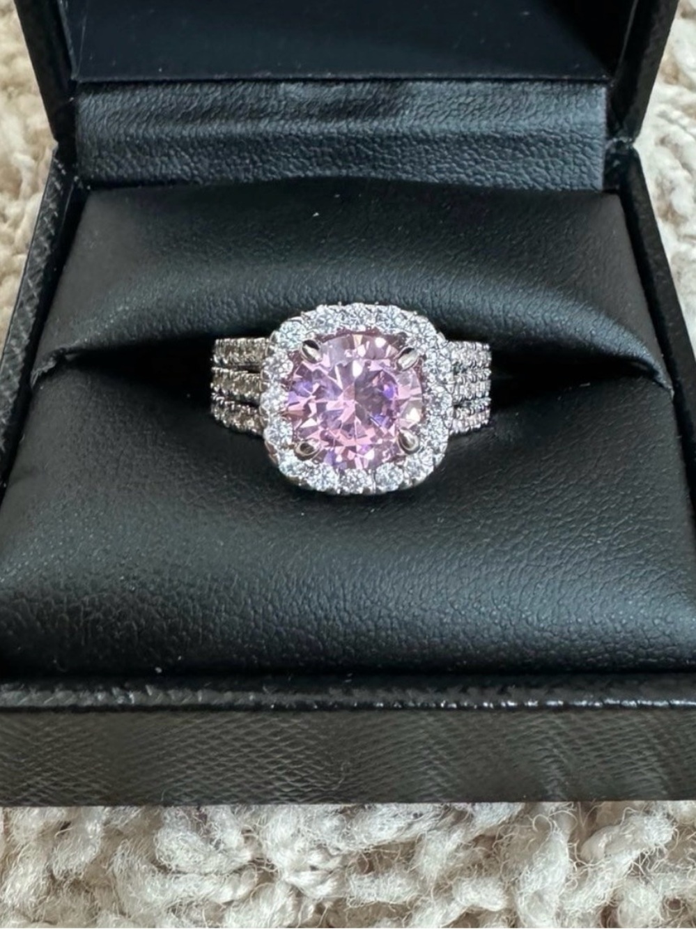 2 Carat Halo Pink Moissanite Diamond Sterling Silver Ring